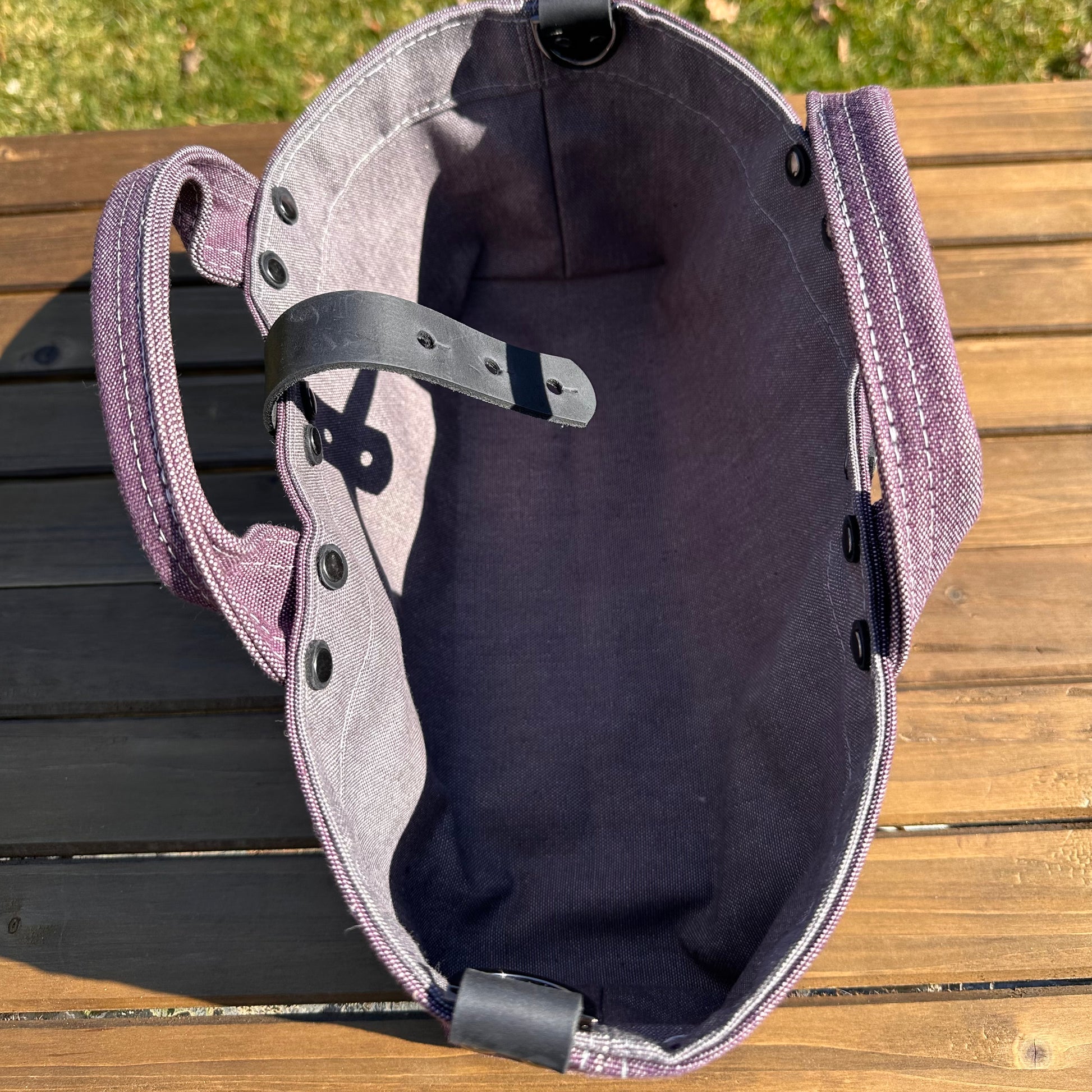 Plum Army Duck Canvas with Crazy Horse Black Leather and Gunmetal Hardware Waterman Tote squirescanvascreations.com