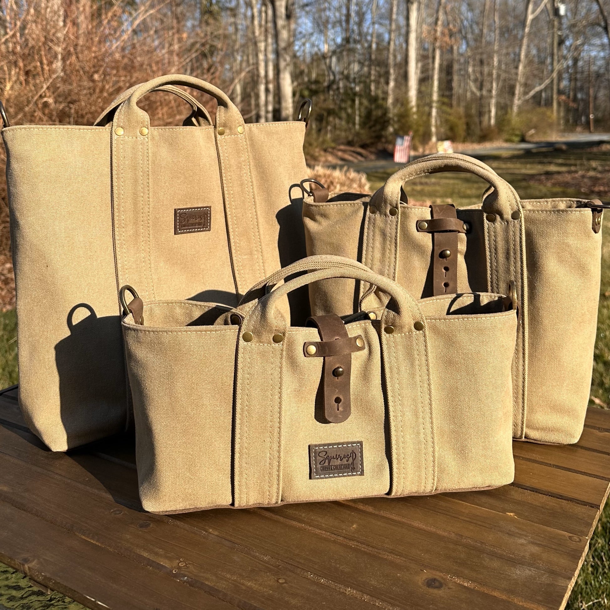 Saddle Stone Washed Canvas and Crazy Horse Tan leather with Antique Brass Hardware Waterman Tote squirescanvascreations.com