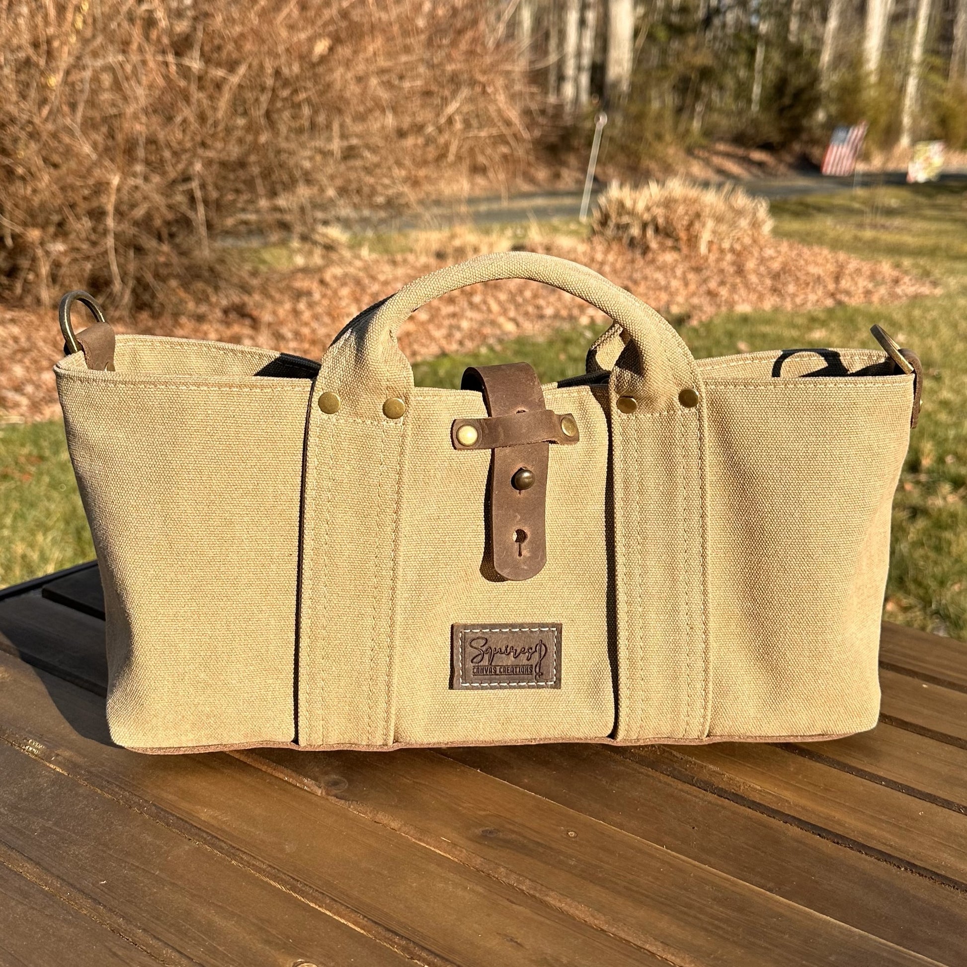 Saddle Stone Washed Canvas and Crazy Horse Tan leather with Antique Brass Hardware Waterman Tote squirescanvascreations.com