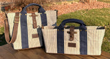 Navy Stripe Waxed Canvas and Crazy Horse Tan Leather with Antique Brass Hardware Waterman Tote squirescanvascreations.com