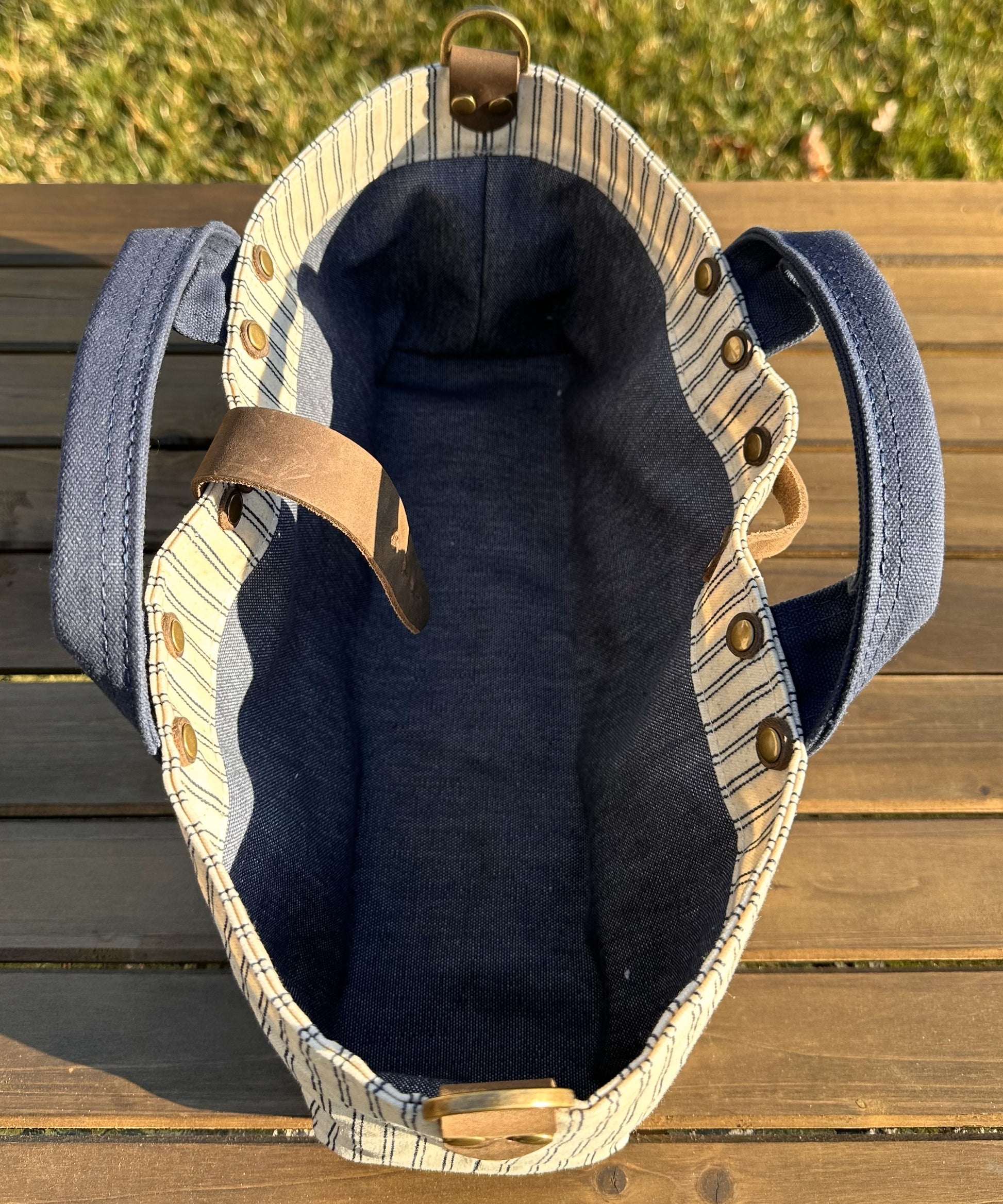 Navy Stripe Waxed Canvas and Crazy Horse Tan Leather with Antique Brass Hardware Waterman Tote squirescanvascreations.com