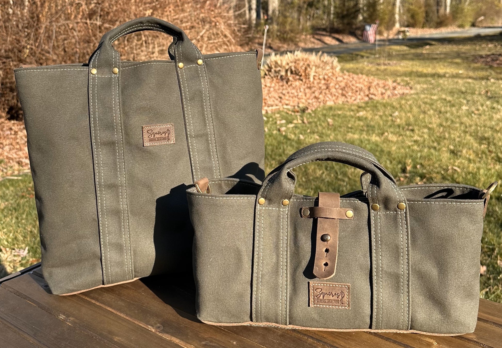 Olive Drab Heavy Duty 15oz Canvas Antique Brass Rivets Waterman Tote SquiresCanvasCreations