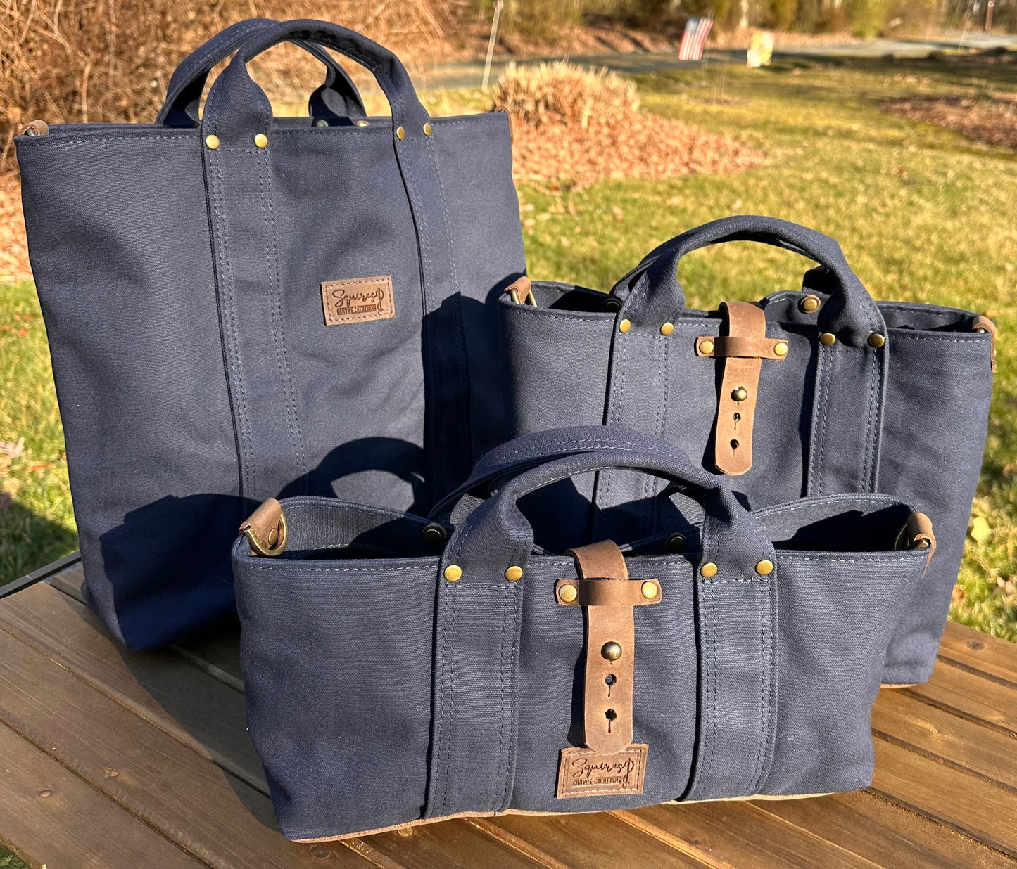 Navy Blue Stone Heavy Duty Canvas with Crazy Horse Tan Leather and Antique Brass Hardware Waterman Tote squirescanvascreations.com