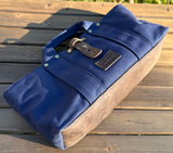 Navy Blue Stone Heavy Duty Canvas with Crazy Horse Tan Leather and Antique Brass Hardware Waterman Tote squirescanvascreations.com