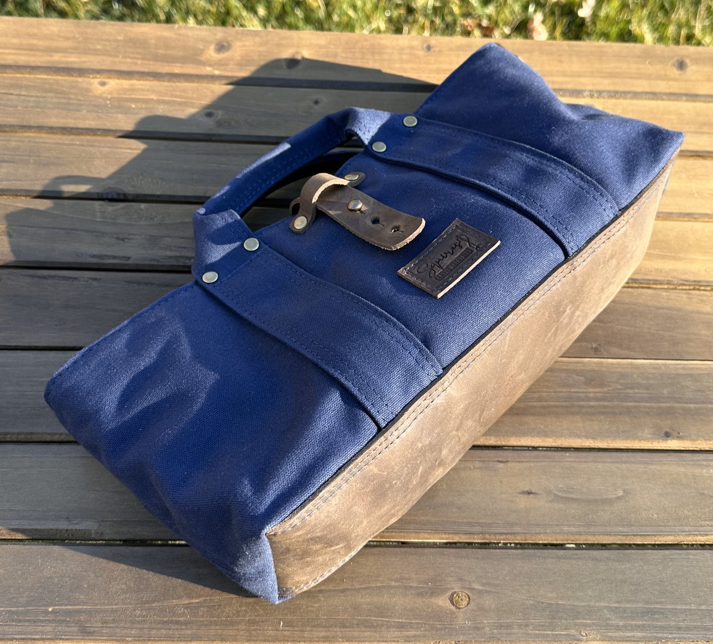 Navy Blue Stone Heavy Duty Canvas with Crazy Horse Tan Leather and Antique Brass Hardware Waterman Tote squirescanvascreations.com