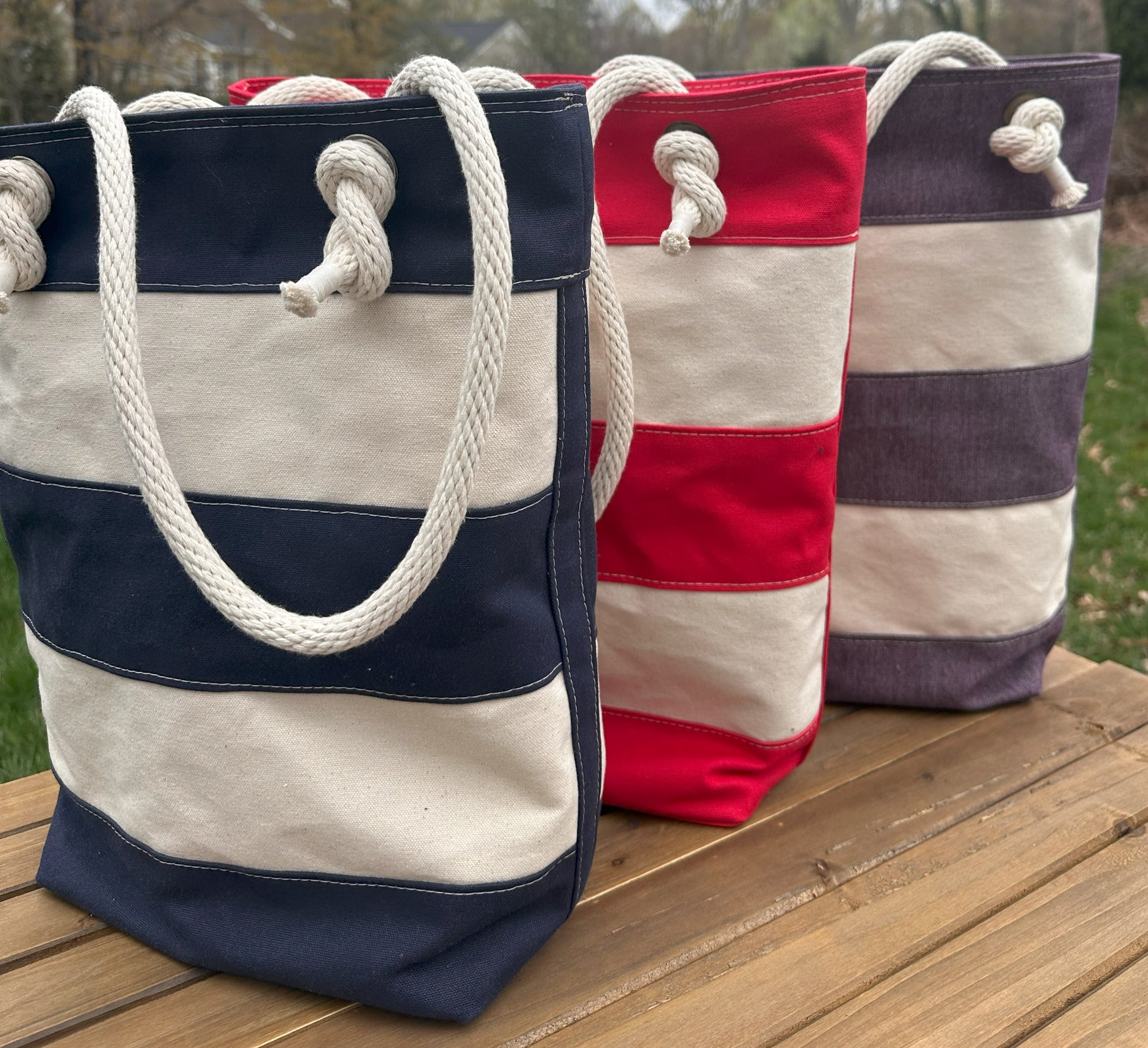 Blue Red and Denim Stripe Regatta Tote squirescanvascreations.com