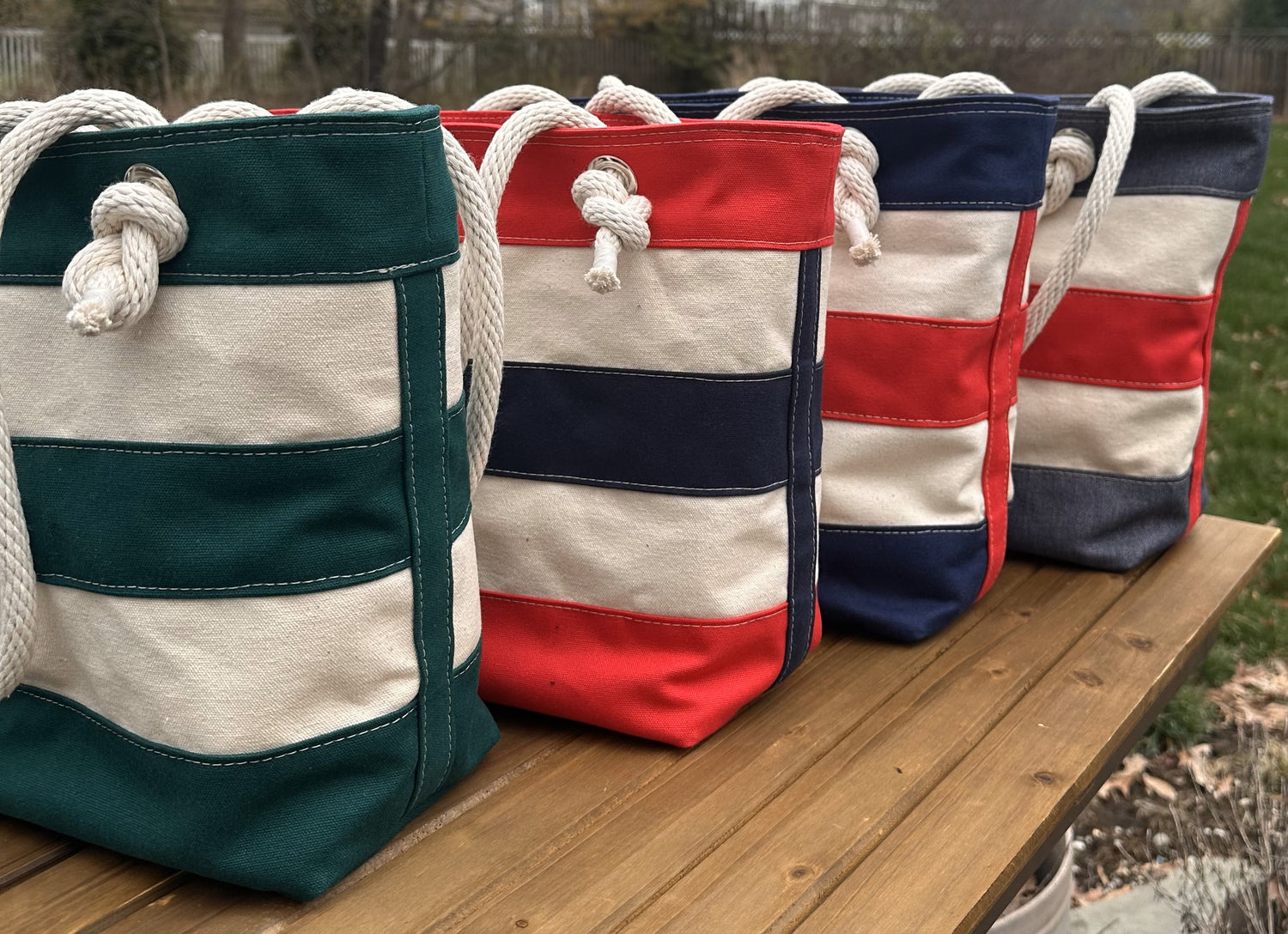 Green Red and Blue Stripe Regatta Tote squirescanvascreations.com