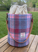 Lighthouse Tote in Pink and Blue Plaid Harris Tweed® and Cherry Splenda Veg Tan Leather with Antique Brass Hardware squirescanvascreations.com