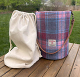 Lighthouse Tote in Pink and Blue Plaid Harris Tweed® and Cherry Splenda Veg Tan Leather with Antique Brass Hardware squirescanvascreations.com