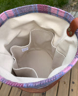 Lighthouse Tote in Pink and Blue Plaid Harris Tweed® and Cherry Splenda Veg Tan Leather with Antique Brass Hardware squirescanvascreations.com