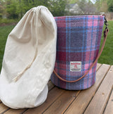Lighthouse Tote in Pink and Blue Plaid Harris Tweed® and Cherry Splenda Veg Tan Leather with Antique Brass Hardware squirescanvascreations.com