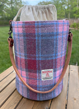 Lighthouse Tote in Pink and Blue Plaid Harris Tweed® and Cherry Splenda Veg Tan Leather with Antique Brass Hardware squirescanvascreations.com