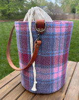 Lighthouse Tote in Pink and Blue Plaid Harris Tweed® and Cherry Splenda Veg Tan Leather with Antique Brass Hardware squirescanvascreations.com