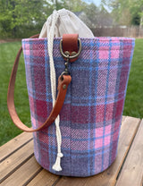 Lighthouse Tote in Pink and Blue Plaid Harris Tweed® and Cherry Splenda Veg Tan Leather with Antique Brass Hardware squirescanvascreations.com