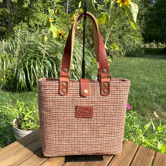 Harris Tweed® Tote Fawn Burgundy and Amber Harris Tweed® with Dublin Olde English Leather and Antique Brass Hardware SquiresCanvasCreations.com