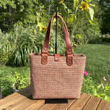 Harris Tweed® Tote Fawn Burgundy and Amber Harris Tweed® with Dublin Olde English Leather and Antique Brass Hardware SquiresCanvasCreations.com