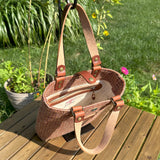 Harris Tweed® Tote Fawn Burgundy and Amber Harris Tweed® with Dublin Olde English Leather and Antique Brass Hardware SquiresCanvasCreations.com