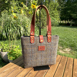 Harris Tweed® Tote Green and Blue Herringbone with Rust Overcheck Plaid Harris Tweed® with  Dublin Olde English Leather and Antique Brass Hardware SquiresCanvasCreations.com