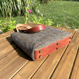 Harris Tweed® Tote Green and Blue Herringbone with Rust Overcheck Plaid Harris Tweed® with  Dublin Olde English Leather and Antique Brass Hardware SquiresCanvasCreations.com