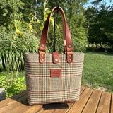 Harris Tweed® Tote Brown and Beige Glen Check Plaid Harris Tweed® with Dublin Olde English Leather and Antique Brass Hardware SquiresCanvasCreations.com