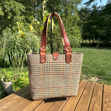 Harris Tweed® Tote Brown and Beige Glen Check Plaid Harris Tweed® with Dublin Olde English Leather and Antique Brass Hardware SquiresCanvasCreations.com