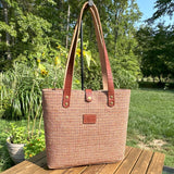 Harris Tweed® Tote Fawn Burgundy and Amber Harris Tweed® with Dublin Olde English Leather and Antique Brass Hardware SquiresCanvasCreations.com