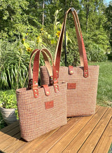 Harris Tweed® Tote Fawn Burgundy and Amber Harris Tweed® with Dublin Olde English Leather and Antique Brass Hardware SquiresCanvasCreations.com