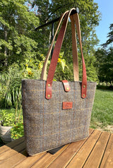 Harris Tweed® Tote Green and Blue Herringbone with Rust Overcheck Plaid Harris Tweed® with  Dublin Olde English Leather and Antique Brass Hardware SquiresCanvasCreations.com