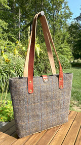 Harris Tweed® Tote Green and Blue Herringbone with Rust Overcheck Plaid Harris Tweed® with  Dublin Olde English Leather and Antique Brass Hardware SquiresCanvasCreations.com