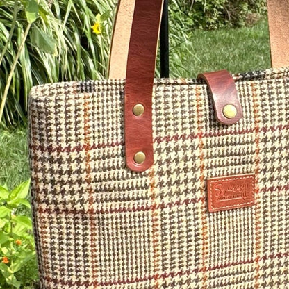 Harris Tweed® Main Street Shoulder Bag Brown and Beige Glen Check Plaid Harris Tweed® with Olde English Horween Dublin Leather SquiresCanvasCreations.com