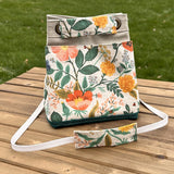 Amalfi-Herb Garden Canvas with Forest Green Duck Canvas and Antique Brass Hardware and Natural Webbing Strap and Natural Canvas interior Spa Creek Bucket Convertible Bag squirescanvascreations.com