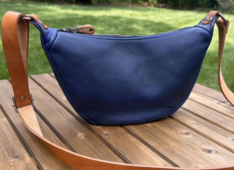 Windward Sling Ink Blue Washed Horween Leather with Cognac Splenda Leather Strap and Antique Brass Hardware squirescanvascreations.com