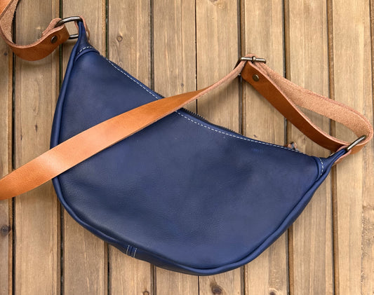Windward Sling Ink Blue Washed Horween Leather with Cognac Splenda Leather Strap and Antique Brass Hardware squirescanvascreations.com