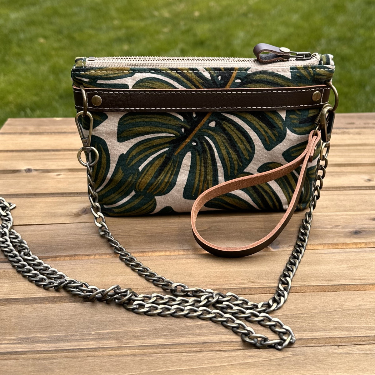 Monstera Rifle Paper Co Canvas with Antique Brass Chain Strap and Hardware Downtown Convertible Bag squirescanvascreations.com