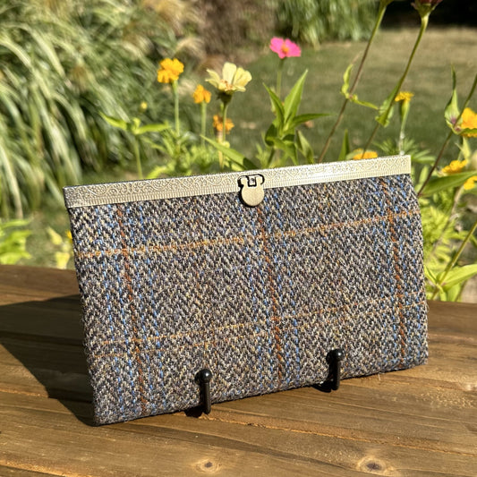 Green and Blue Herringbone with Rust Overcheck Harris Tweed® Rock Hall Wallet with Antique Brass Hardware SquiresCanvasCreations.com