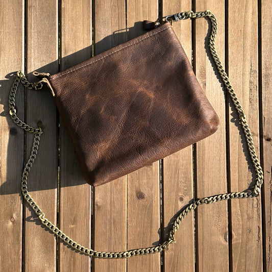 Bay Ridge Crossbody Bag Rustic Brown Oil Tan Leather with Antique Brass Chain Strap and Hardware squirescanvascreations.com
