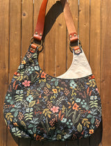Compass Rose Shoulder Bag in Rifle Paper Midnight Herb Garden Canvas with Cherry Leather.