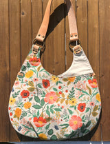 Compass Rose Shoulder Bag in Rifle Paper Natural Botanical Floral Canvas with Natural Leather.