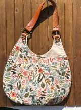 Compass Rose Shoulder Bag in Rifle Paper Herb Garden Natural Canvas with Cognac Leather SquiresCanvasCreations.com
