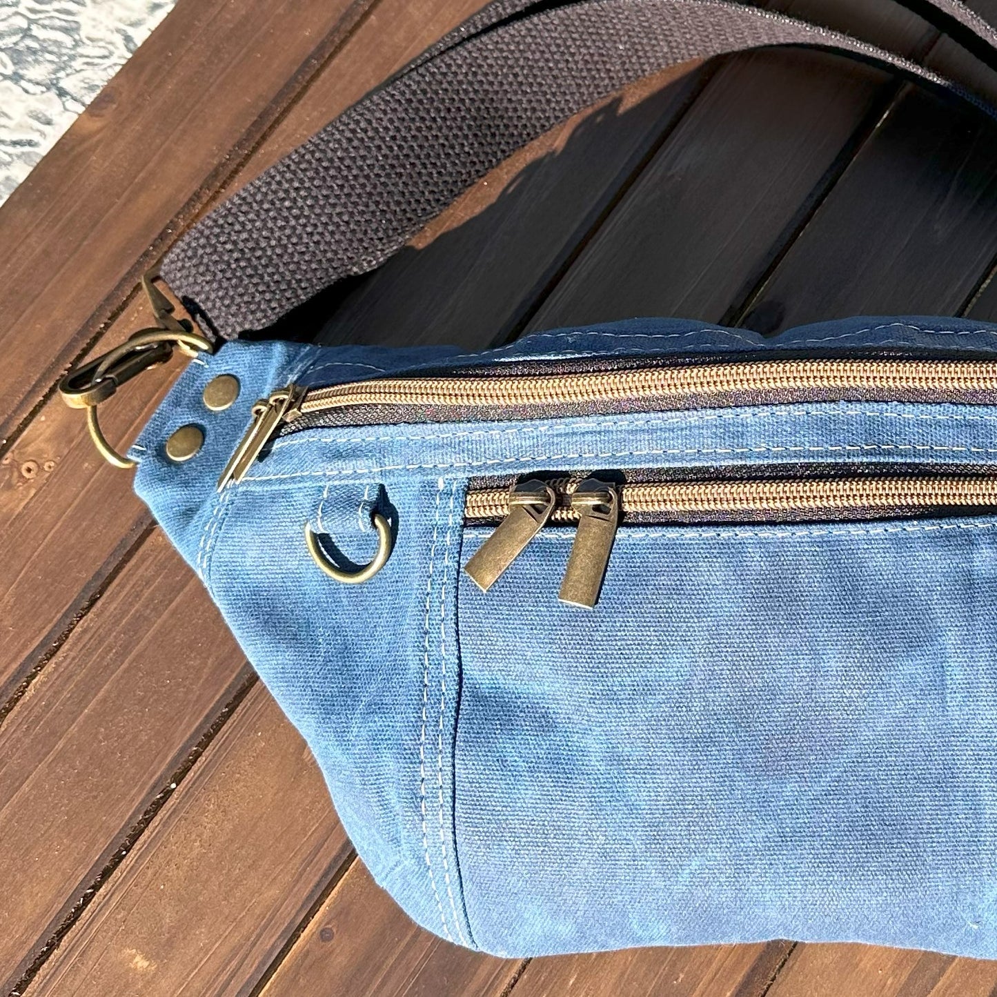 Blue Waxed Canvas Antique Brass Hardware Jib Hip Bag Sling squirescanvascreations.com