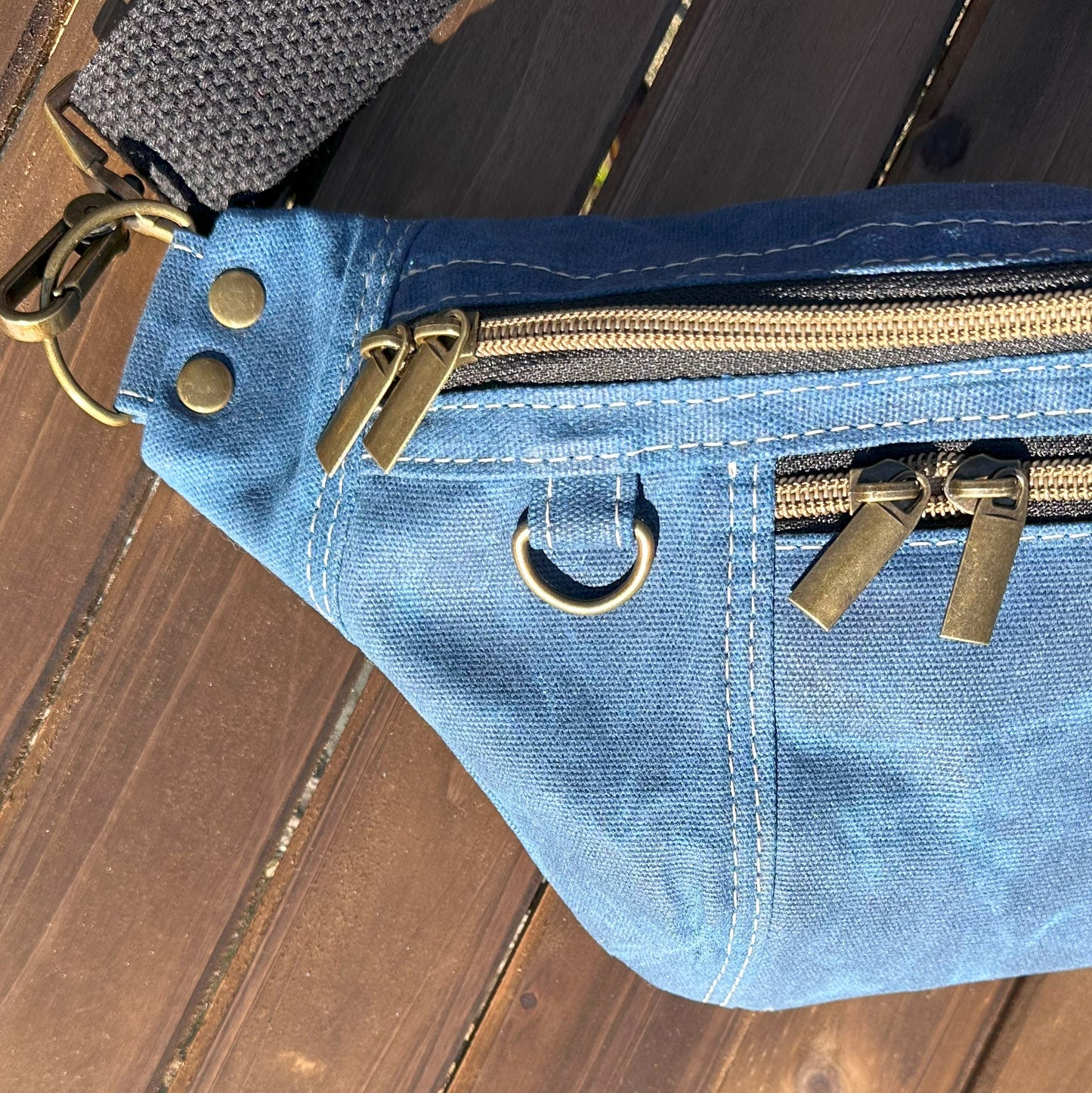 Blue Waxed Canvas Antique Brass Hardware Jib Hip Bag Sling squirescanvascreations.com