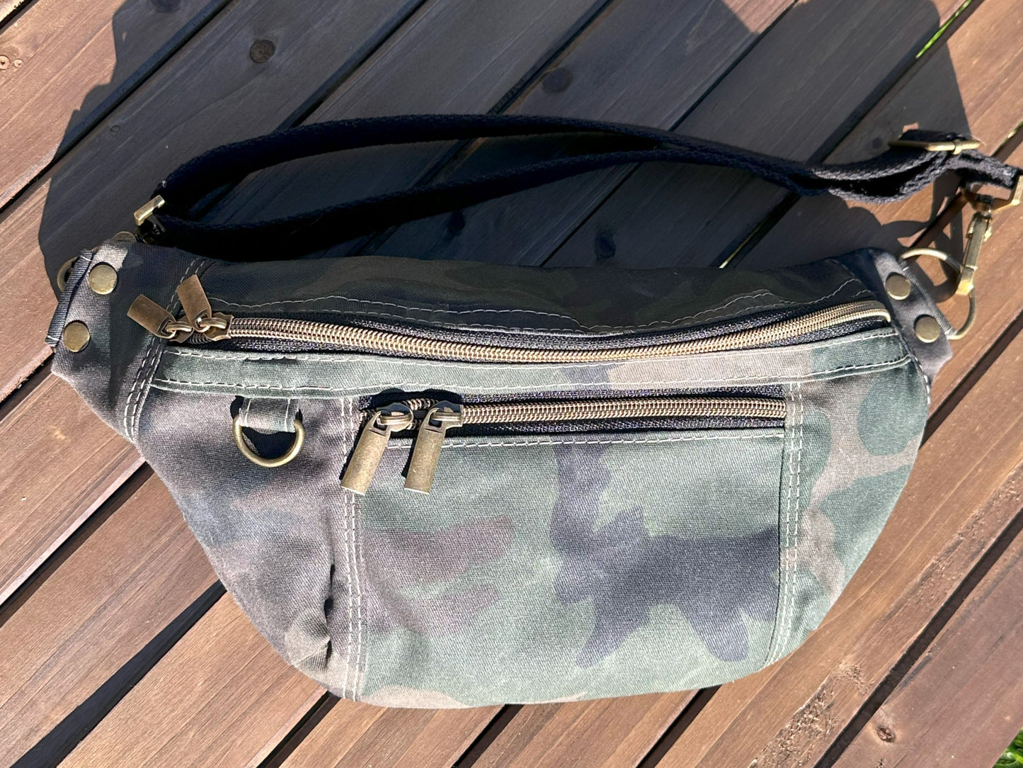 Camo Waxed Twill Antique Brass Hardware Jib Hip Bag Sling squirescanvascreations.com