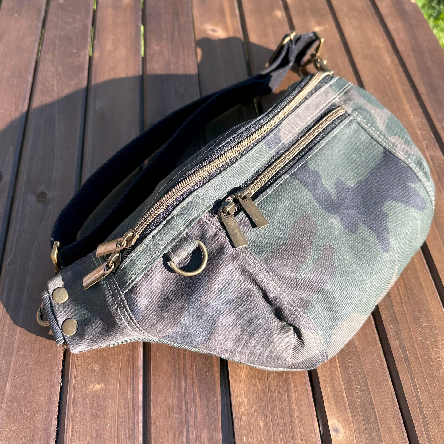 Camo Waxed Twill Antique Brass Hardware Jib Hip Bag Sling squirescanvascreations.com