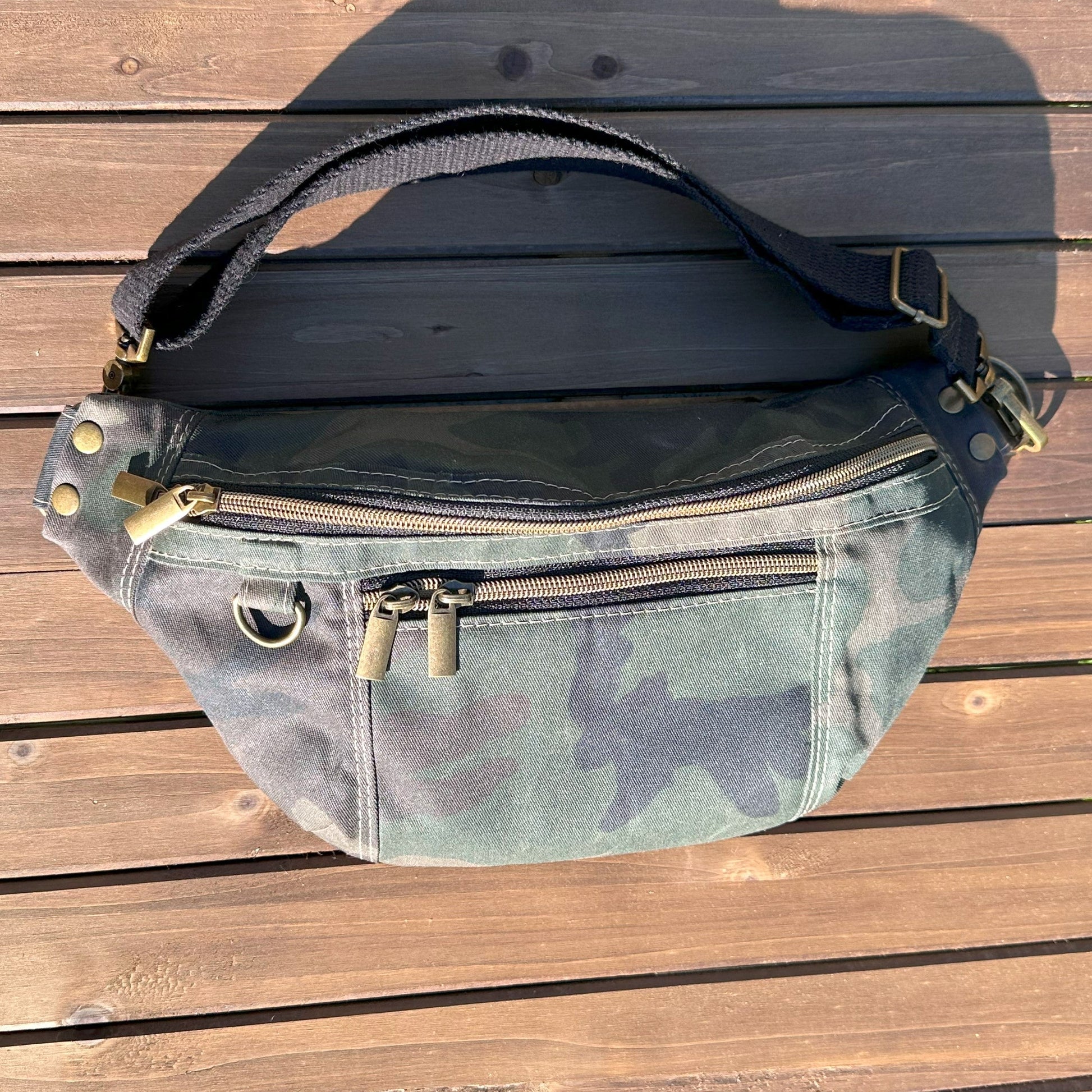 Camo Waxed Twill Antique Brass Hardware Jib Hip Bag Sling squirescanvascreations.com
