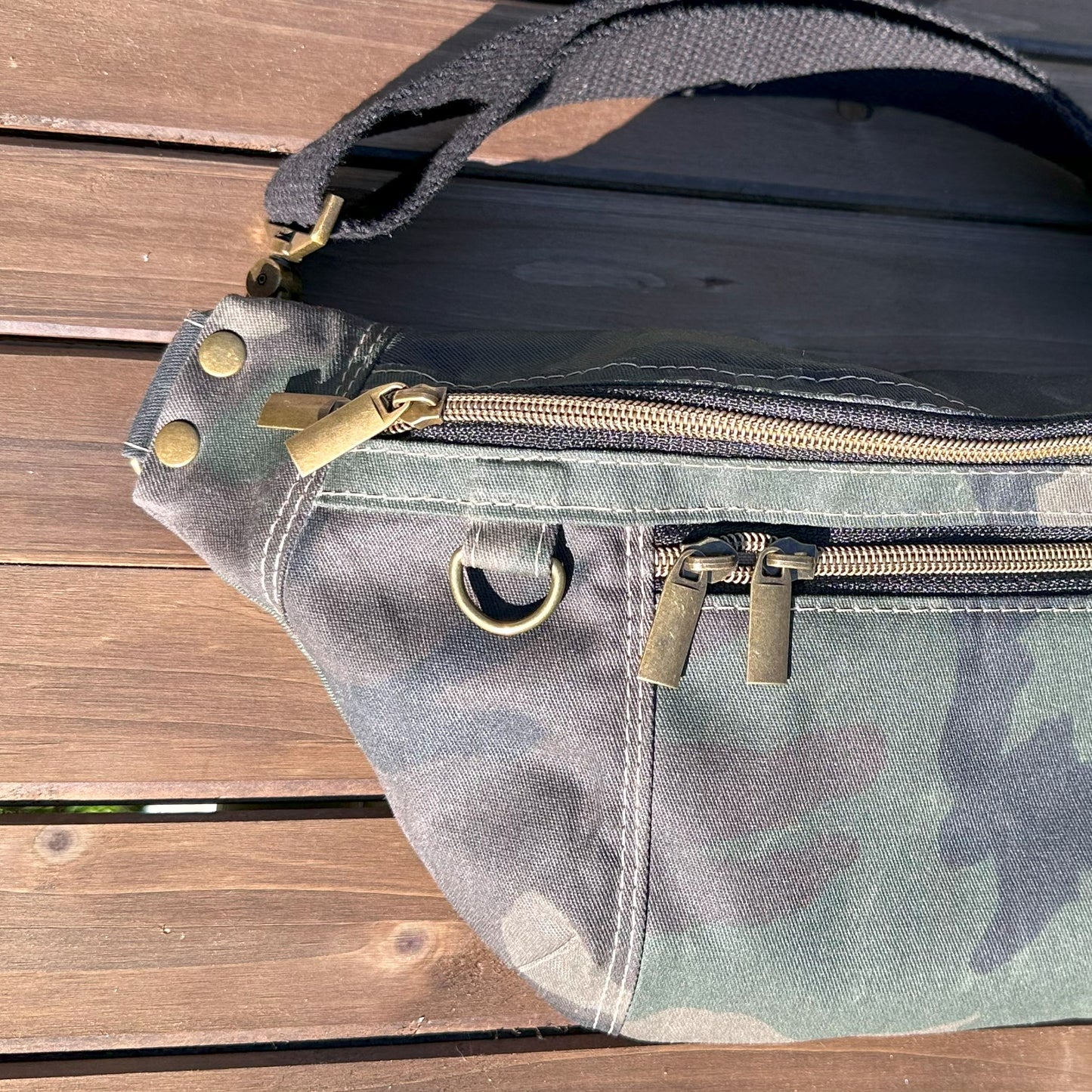 Camo Waxed Twill Antique Brass Hardware Jib Hip Bag Sling squirescanvascreations.com