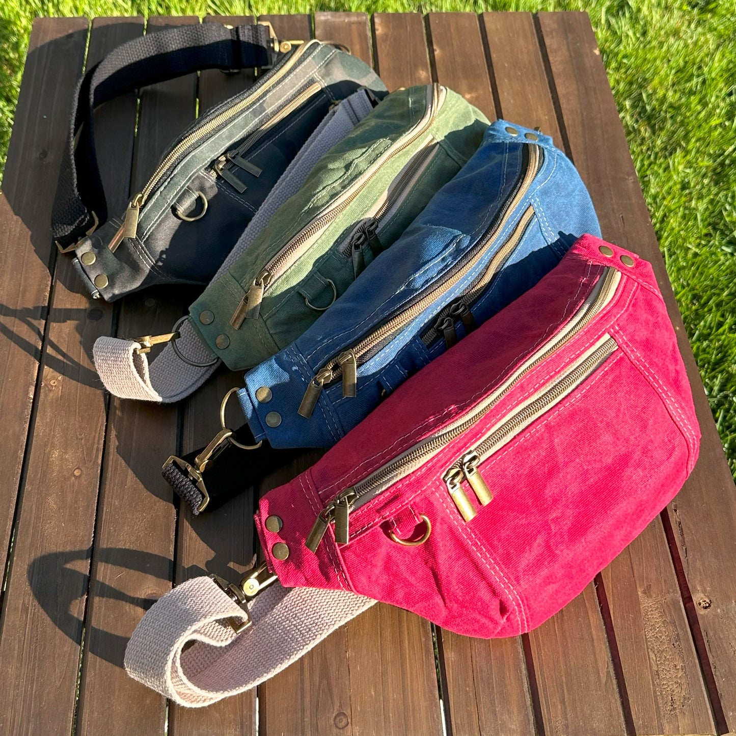 Waxed Canvas and Stone Washed Canvas Antique Brass Hardware Jib Hip Bag Sling squirescanvascreations.com