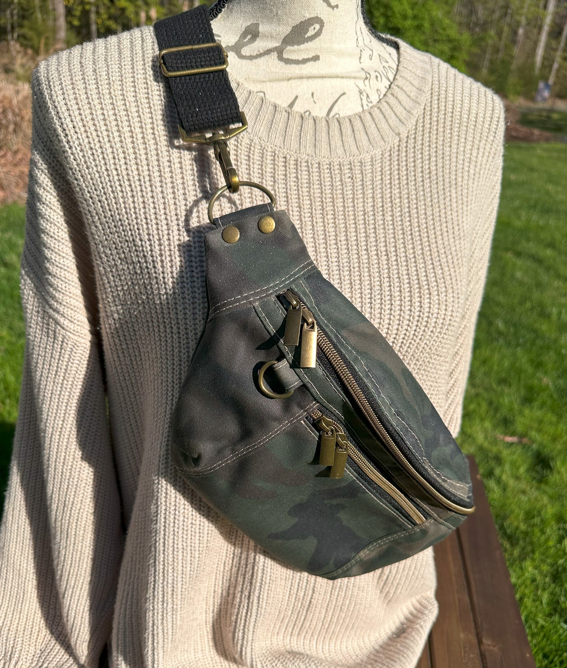 Camo Waxed Twill Antique Brass Hardware Jib Hip Bag Sling squirescanvascreations.com