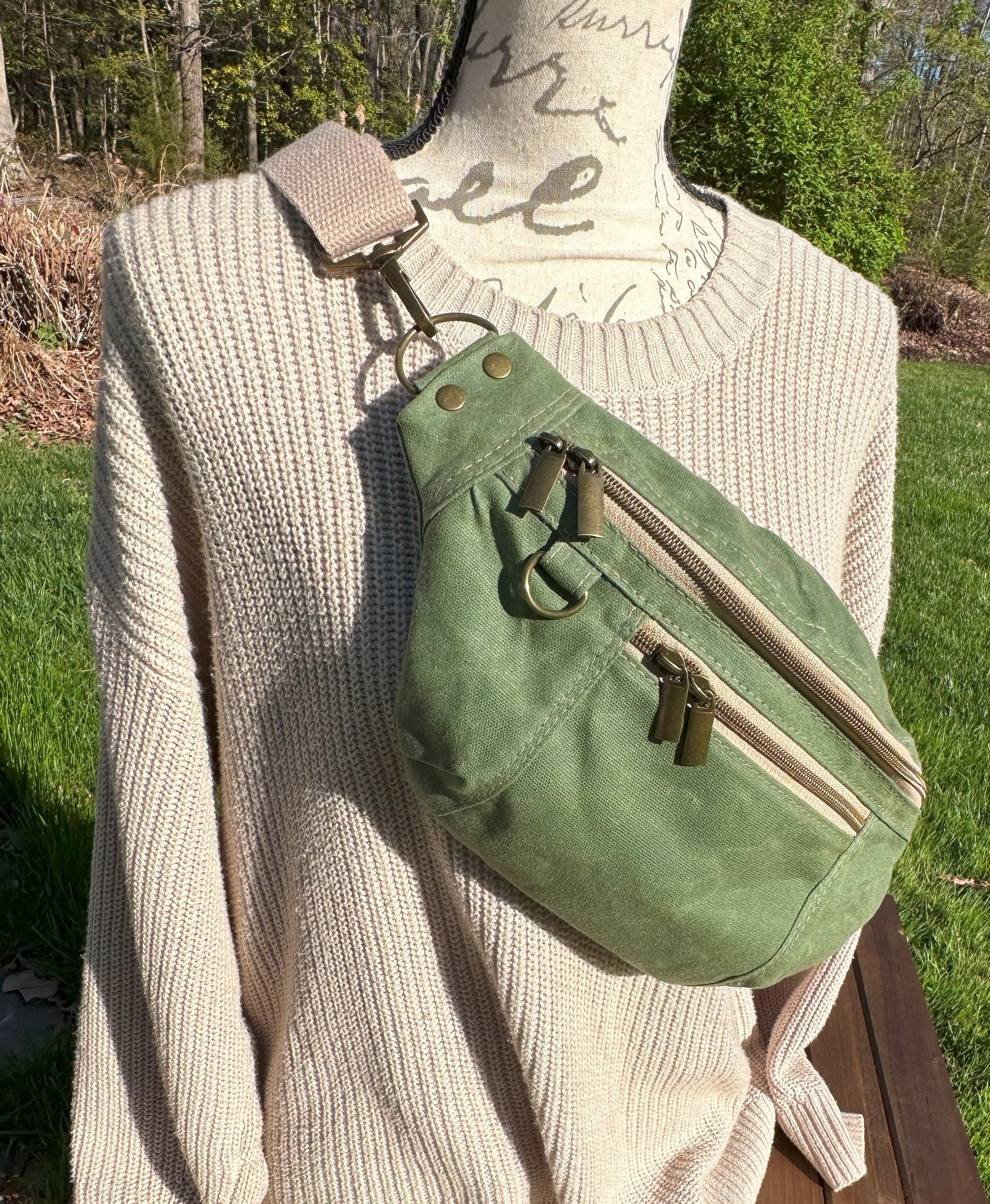 Sage Green Waxed Canvas Antique Brass Hardware Jib Hip Bag Sling squirescanvascreations.com