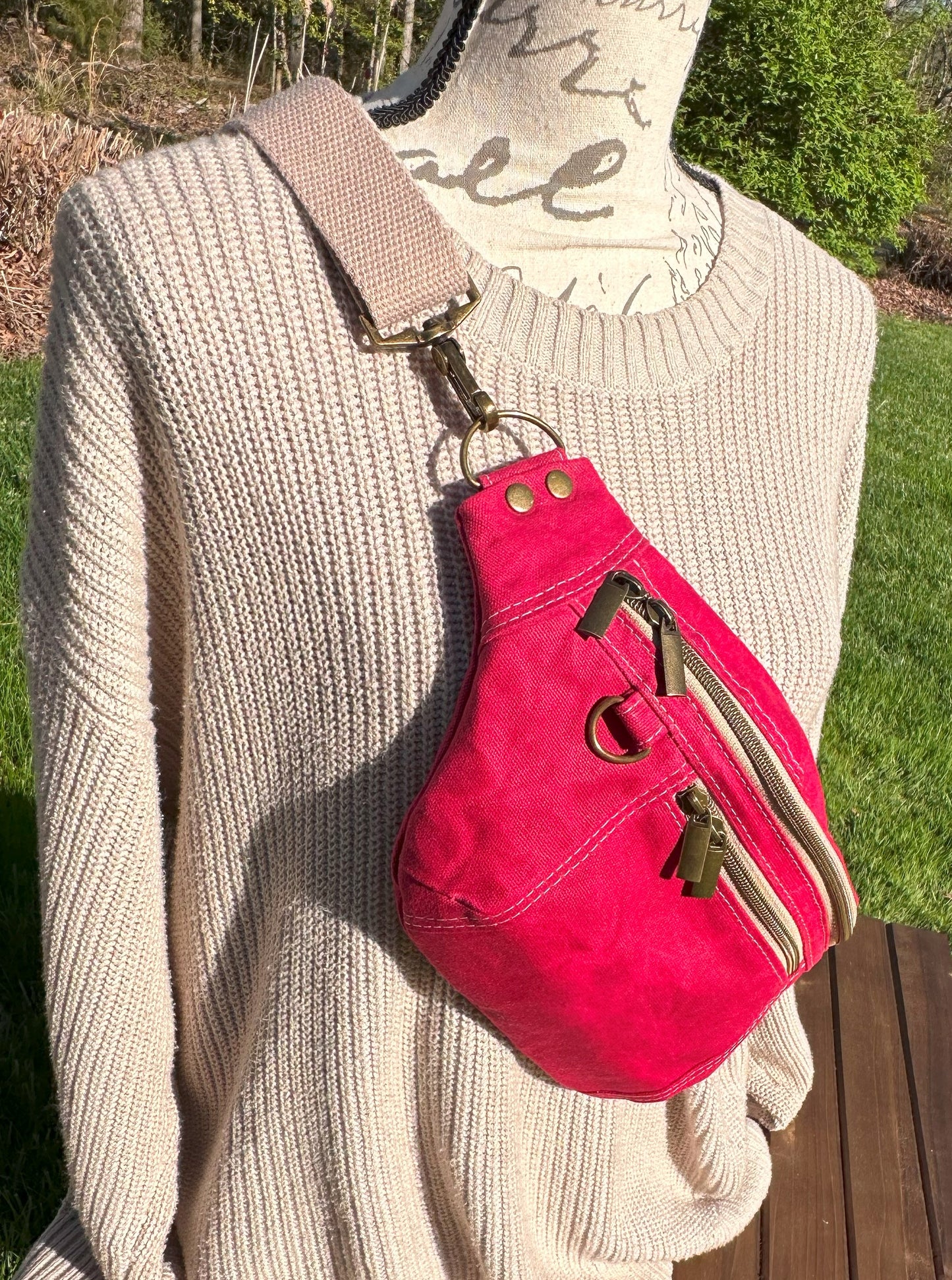Red Waxed Canvas Antique Brass Hardware Jib Hip Bag Sling squirescanvascreations.com