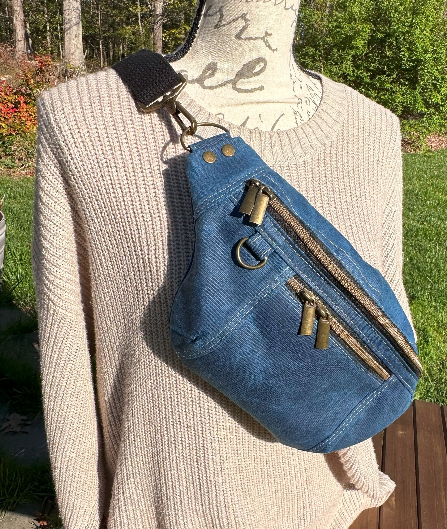 Blue Waxed Canvas Antique Brass Hardware Jib Hip Bag Sling squirescanvascreations.com